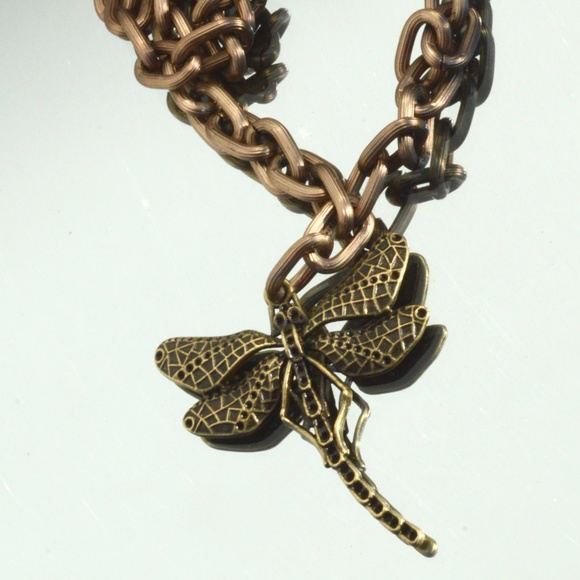 Conceptual Subculture Jewelry - Dragonfly Pendant Brass Necklace Chunky Chain